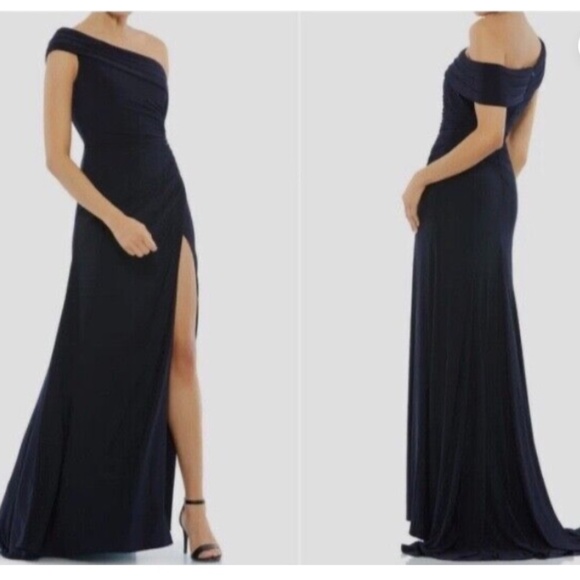IEENA For Mac Duggal Ruched One-Shoulder Trumpet Gown Navy Blue Size: 18 - Picture 1 of 7